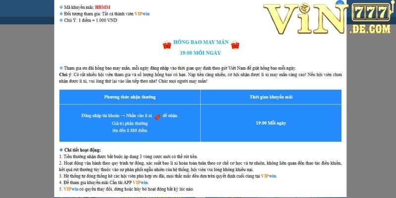 Hồng bao may mắn phát thưởng mỗi ngày