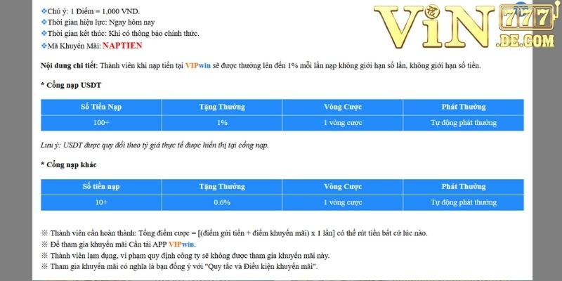 Khuyến mãi nạp tiền thưởng nạp lên tới 1% mỗi lần nạp